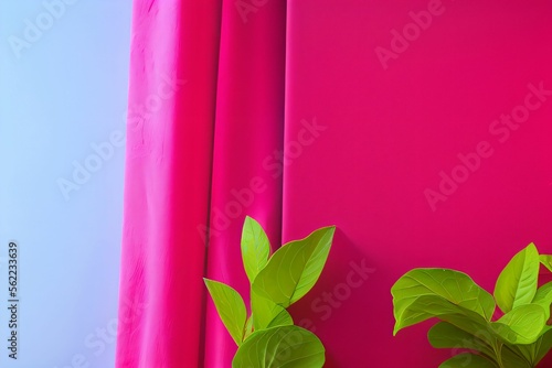 pink curtains with green leaves. generative ai