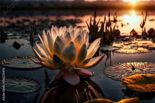  a large white flower sitting on top of a lake filled with lily pads at sunset or dawn with setting sun in the background behind it and a body of water with lily pads in the foreground. Generative AI