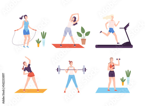 Young women doing sports set. Athletic women jumping with skipping rope, running in treadmill, lifting barbell flat vector illustration