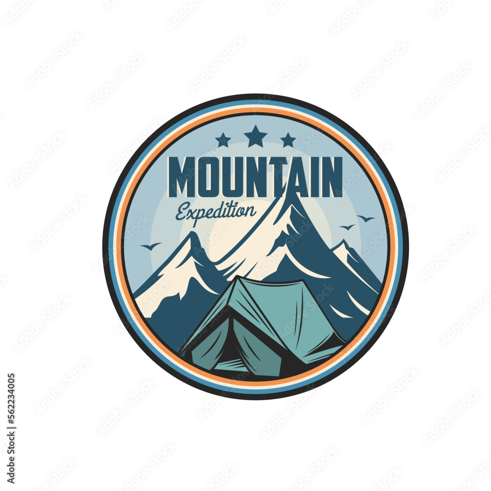 Mountain expedition icon, mountaineering camp and climbing club vector badge. Mountain tourism and outdoor hiking sport, trekking or camping and alpine expedition symbol with stars and mount rock Mountain expedition icon, mountaineering camp and climbing club vector badge. Mountain tourism and outdoor hiking sport, trekking or camping and alpine expedition symbol with stars and mount rock