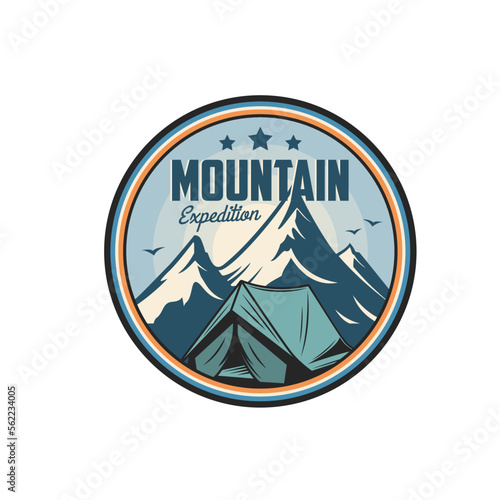 Mountain expedition icon, mountaineering camp and climbing club vector badge. Mountain tourism and outdoor hiking sport, trekking or camping and alpine expedition symbol with stars and mount rock