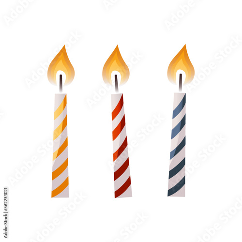 Birthday cake candles with burning flame of wax paraffin. Small spiral strips sticks with burning wick. Birthday party, celebration, holiday, event, festive, congratulations concept. Cartoon vector