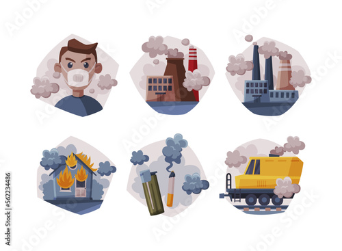 Air pollution sources set. Industrial outdoor fog, environmental pollution or city dust danger cartoon vector illustration