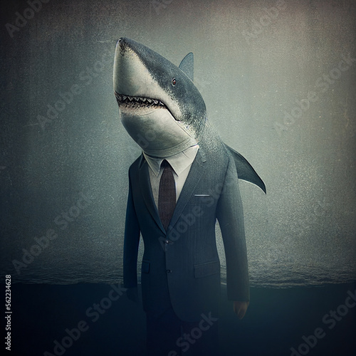 Shark in a Business Suit, Animal Businessman, Funny Dangerous Boss, Shark Headed Man in a Formal Business Suit, Generative AI Illustration photo