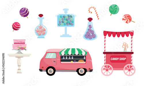 Set of beautiful candy shop in cartoon style. Vector illustration of sweets and mobile candy shops with a variety of candies in jars, cakes, pies and lollipops on white background.