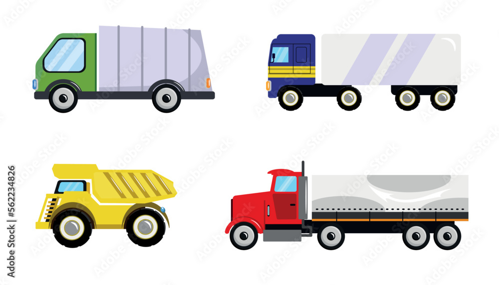 Set of beautiful trucks in cartoon style. Vector illustration of vehicles for the transport of different types of goods such as a dump truck, a garbage truck and a semi-trailer on white background.