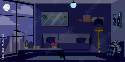 Vector illustration of a modern interior night room. Cartoon interior with coffee table, bookshelves, flower pots, picture, sofa, night lamp, window with access to the city and the moon.