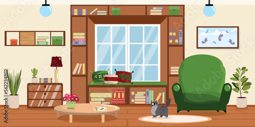 Vector illustration of modern interior living room. Cartoon interior with coffee table, books, cat, shelves, bedside table, flowerpots, armchair, picture. Home library with bookshelves.