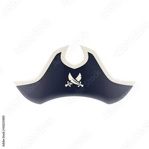 Cartoon pirate captain tricorn cocked hat. Filibuster or corsair costume isolated accessory, buccaneer or privateer cartoon vector headgear, caribbean pirate hat with crossed cutlass swords or sabres