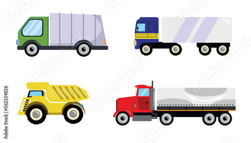 Set of beautiful trucks in cartoon style. Vector illustration of vehicles for the transport of different types of goods such as a dump truck, a garbage truck and a semi-trailer on white background.