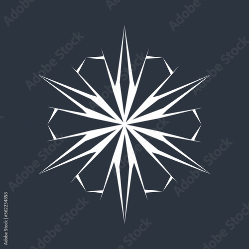 White hexagonal snowflake on a dark background. A unique author s snowflake to decorate the winter holidays. Vector image of a Christmas symbol.