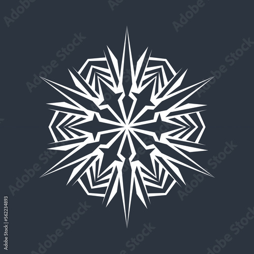 White hexagonal snowflake on a dark background. A unique author's snowflake to decorate the winter holidays. Vector image of a Christmas symbol.