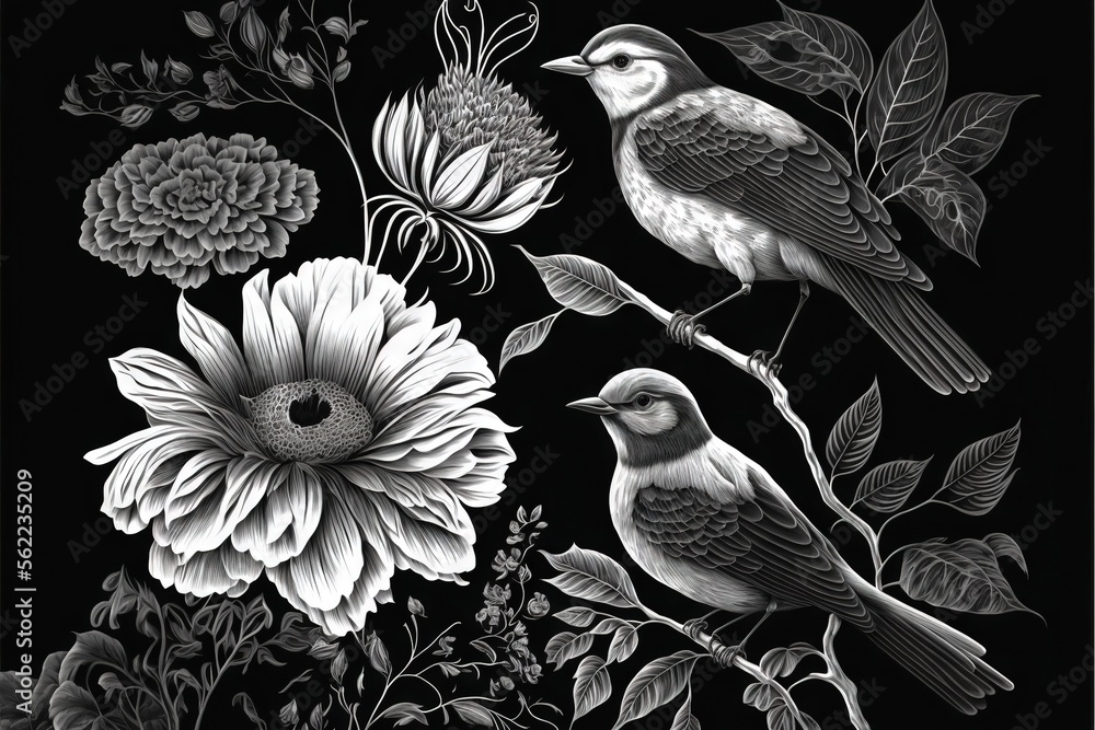 Fototapeta premium a black and white drawing of two birds on a branch with flowers and leaves on a black background with a white outline of the image of a bird and a flower and a white background. Generative AI