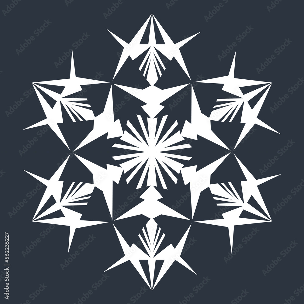 White hexagonal snowflake on a dark background. A unique author's snowflake to decorate the winter holidays. Vector image of a Christmas symbol. White hexagonal snowflake on a dark background. A unique author's snowflake to decorate the winter holidays. Vector image of a Christmas symbol.