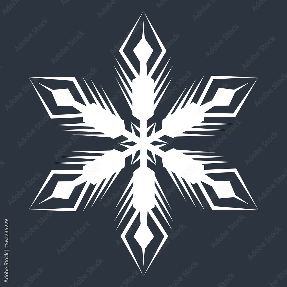 White hexagonal snowflake on a dark background. A unique author's snowflake to decorate the winter holidays. Vector image of a Christmas symbol. White hexagonal snowflake on a dark background. A unique author's snowflake to decorate the winter holidays. Vector image of a Christmas symbol.