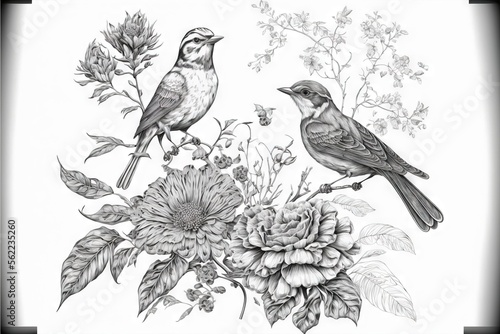  a drawing of two birds sitting on a branch with flowers and leaves around it, with a butterfly flying above them, and a butterfly flying above the branch, and a flower, and. Generative AI