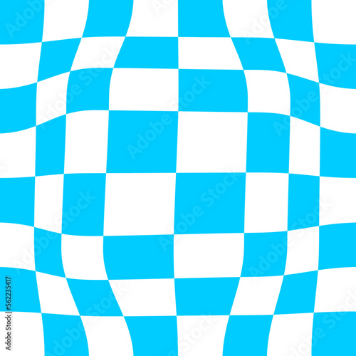 Distorted chessboard. Dizzy pattern with warped blue and white squares. Psychedelic chequered optical illusion. Trippy checkerboard surface