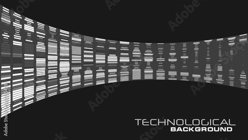 Black and white technologic background with curved line. Vector graphic pattern