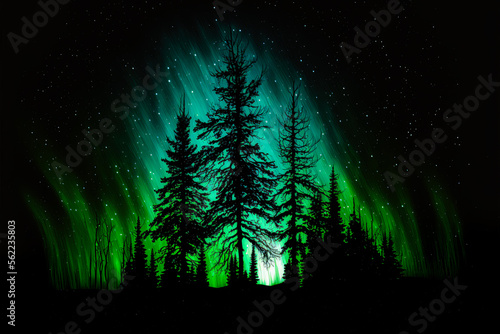 Abstract - Aurora borealis with Trees silhouette - Digital Painting - Generative AI