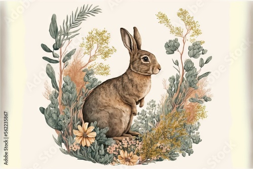  a rabbit sitting in a field of flowers and plants with a white background and a border of foliage and flowers around it, with a white background with a light yellow border with a white. Generative AI