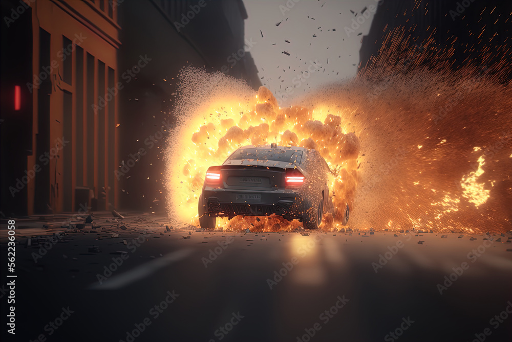 A car explodes on the street. Action scene. Made with Generative AI. A car explodes on the street. Action scene. Made with Generative AI.
