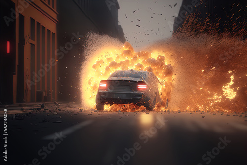 A car explodes on the street. Action scene. Made with Generative AI. © AI Movie