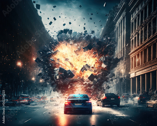 A car explodes on the street. Action scene. Made with Generative AI.