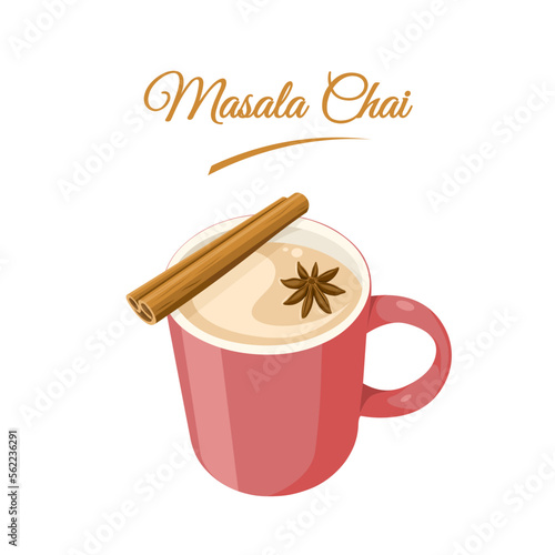 Vector illustration, Masala chai, Indian drink, Black tea with milk and spices. isolated on white background.