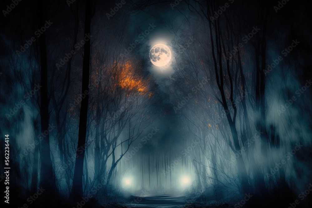 Forest in the dark. Desolate forest at night with a full moon Generative AI