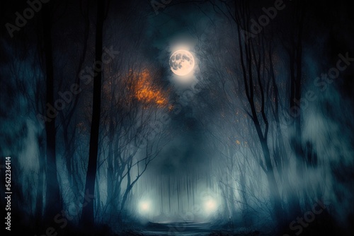 Forest in the dark. Desolate forest at night with a full moon Generative AI