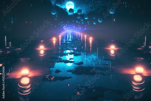 Scene of enchantment in the dark, with lanterns lit on a bridge Generative AI © MUNUGet Ewa