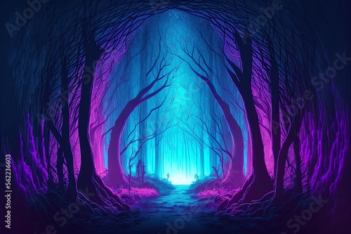 Magical, Enchanted Woods. Light up gateway in neon. Dressing in a vintage manner. Retrowave. Mystical Generative AI