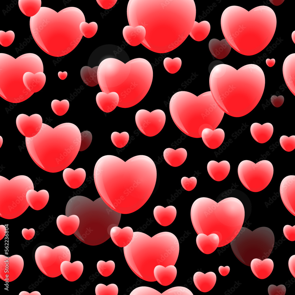 Romantic black background with red volumetric 3D love hearts for Valentine day