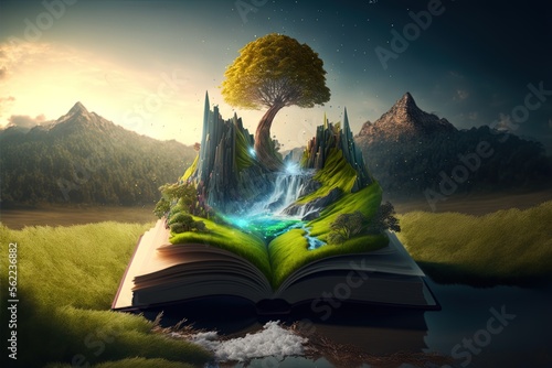 The pages of a magical book pour forth onto the surrounding countryside. Generative AI © MUNUGet Ewa
