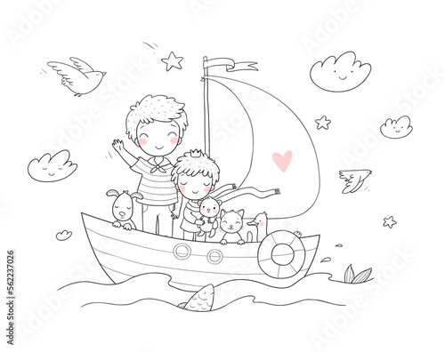 Two brothers are on a boat. Two little boys are playing sailors. Two friends and their toys. Cute cartoon kids and cat, dog and goose. The little prince.
