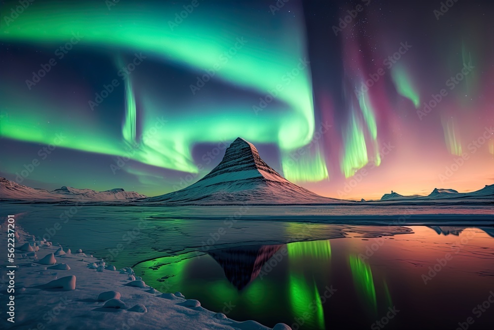 Aurora Borealis, or the Northern Lights, as seen from Kirkjufell in Iceland. Kirkjufell Generative AI