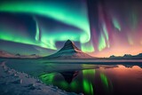 Aurora Borealis, or the Northern Lights, as seen from Kirkjufell in Iceland. Kirkjufell Generative AI