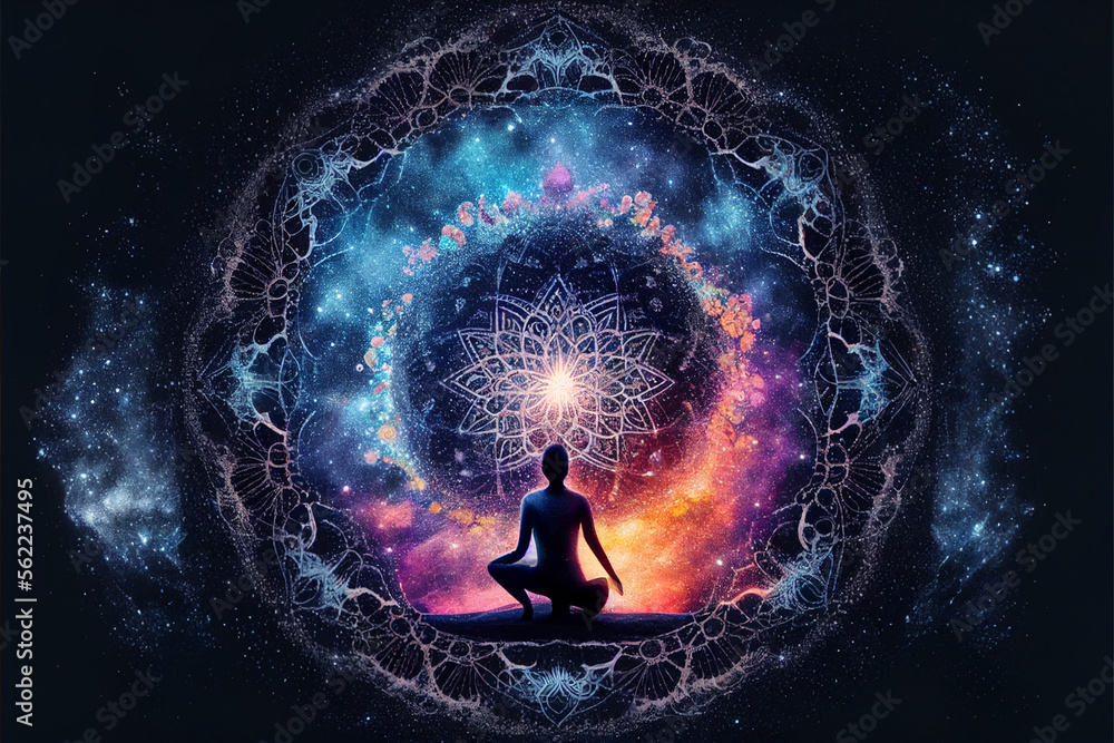 Man meditate chakra energy with mandala object. Human yoga pose and meditation against universe energy mandala. Sacred geometry healing. Human energy - obrazy, fototapety, plakaty 