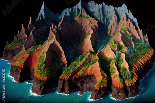 Take a look at this breathtaking view of Kalalau Valley's craggy rocks on Generative AI photo