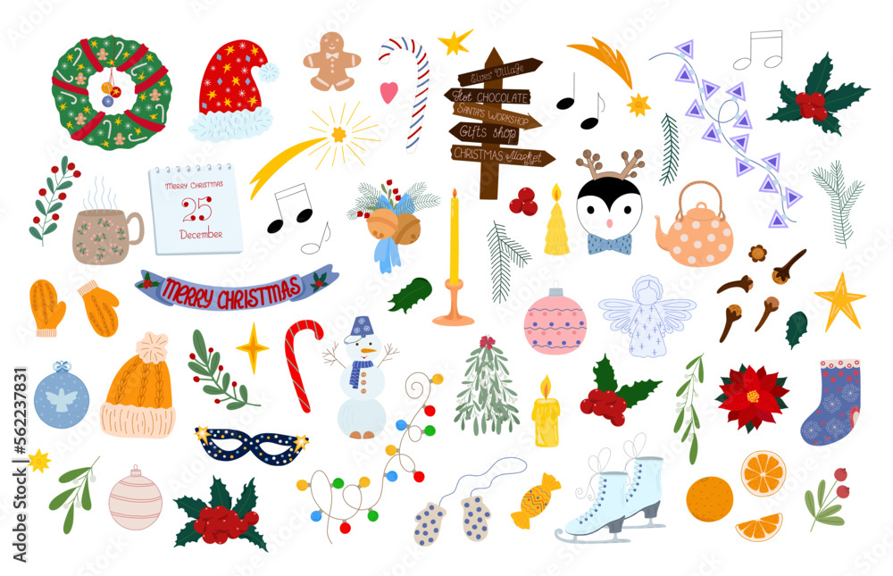 Christmas colorful elements set holly plant, skates, snowman, candle, orange, stars, garland, decoration in simple cartoon style for winter holidays greeting card, invitation, banner, decor, stickers