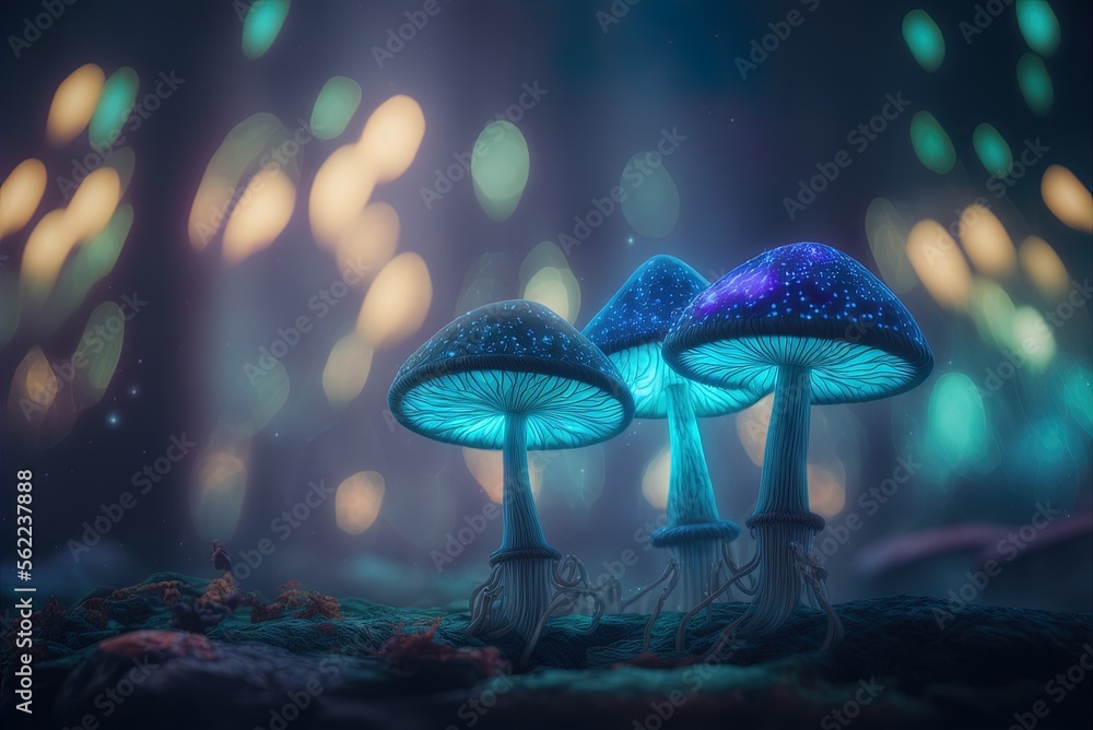 Detailed view of three mystical, luminous mushrooms in a forested setting steeped in mystery. Generative AI