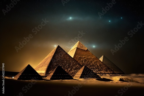 Nighttime lighting of Egypt s Great Pyramids at Giza Generative AI