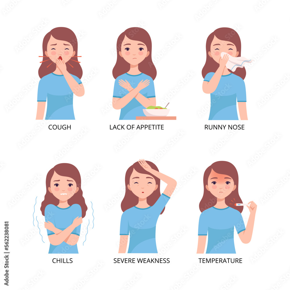 Cold and flu symptoms set. Boy suffering from cough, lack up appetite, runny, nose, chills, severe weakness, temperature cartoon vector illustration Cold and flu symptoms set. Boy suffering from cough, lack up appetite, runny, nose, chills, severe weakness, temperature cartoon vector illustration