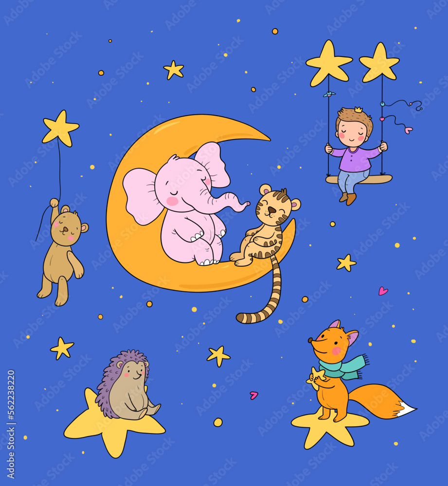 Cute cartoon boy rides on a swing. The child and his toys bear, tiger