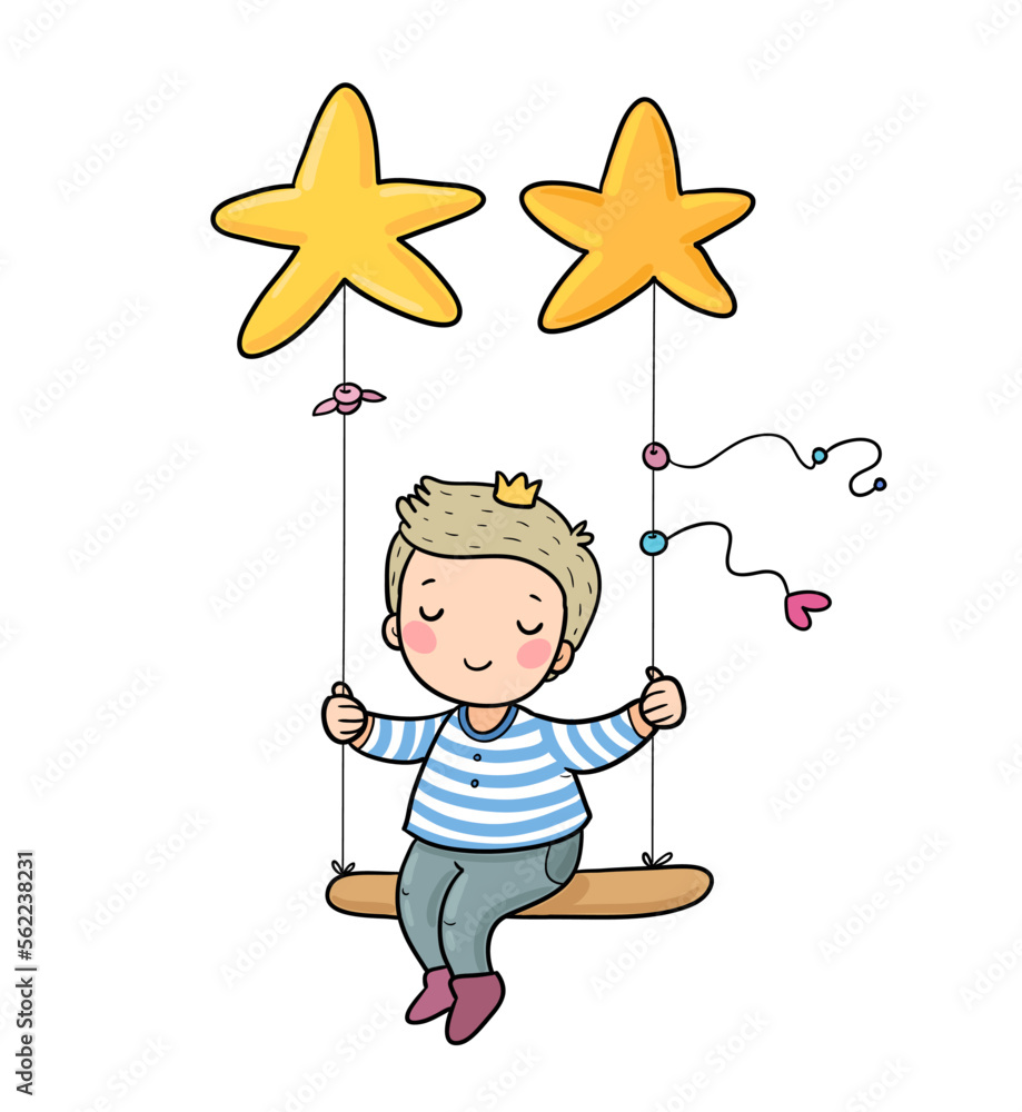 Cute cartoon boy riding a swing. The little prince Cute cartoon boy riding a swing. The little prince