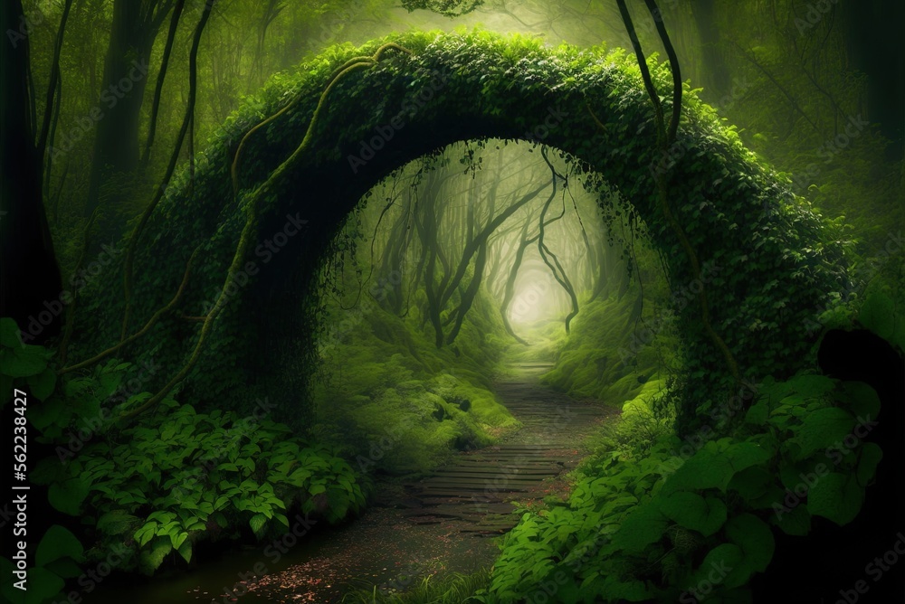An enchanted bridge in the middle of a thick forest Generative AI