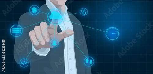 Business man using dashboard on virtual screen. Cloud readiness/configuration.