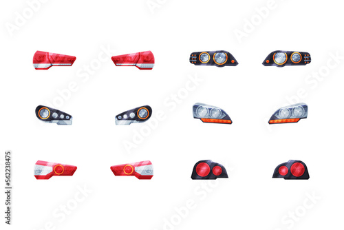 Car headlights set. Front and back lights, car detail cartoon vector illustration