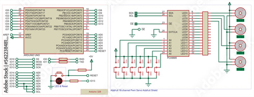 Vector schematic diagram of an electronic device on the arduino with motors.