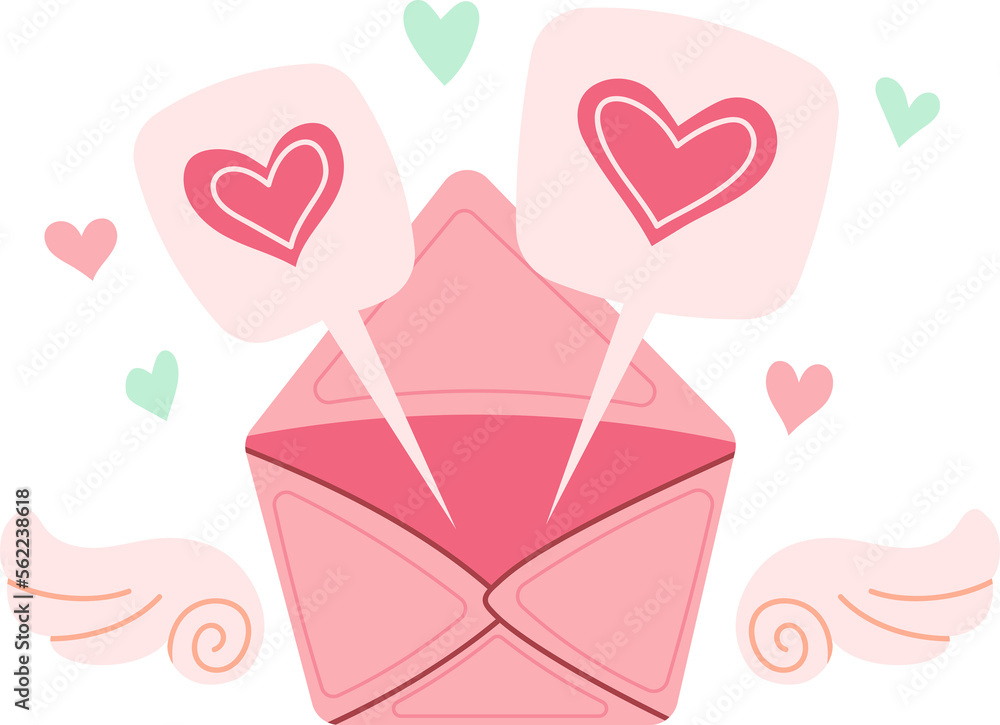 Cute envelope with wings and pink hearts. Message bubble. Doodle in cartoon style. Valentines day illustration for design isolated on transparent background png.